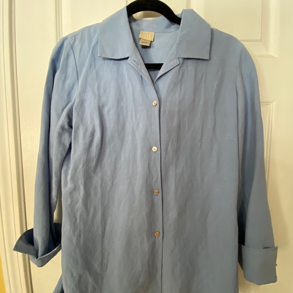 Vintage Sigrid Olsen Sport Small Silk Linen Button-Down Blue Top